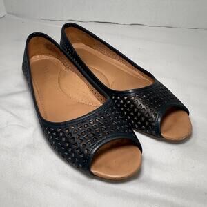 L.L. Bean Woven Flats Size 6M Navy Blue Leather Peep Toe Slip On Comfort Shoes